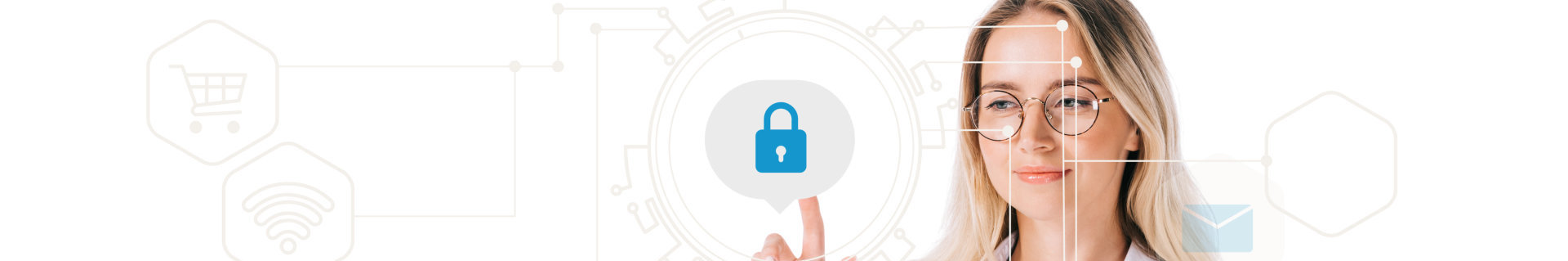 portrait of smiling woman in formal wear pointing at cyber security sign